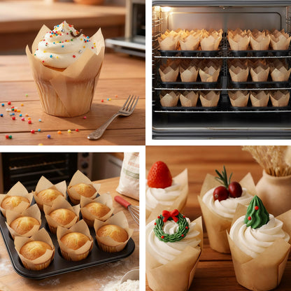 200pcs Tulip Cupcake Liners, Standard Greaseproof Paper Baking Cups Muffin Liners Holders Perfect for Bridal Showers, Baby Showers, Birthday Parties, Banquets, and Catering Events (Natural)