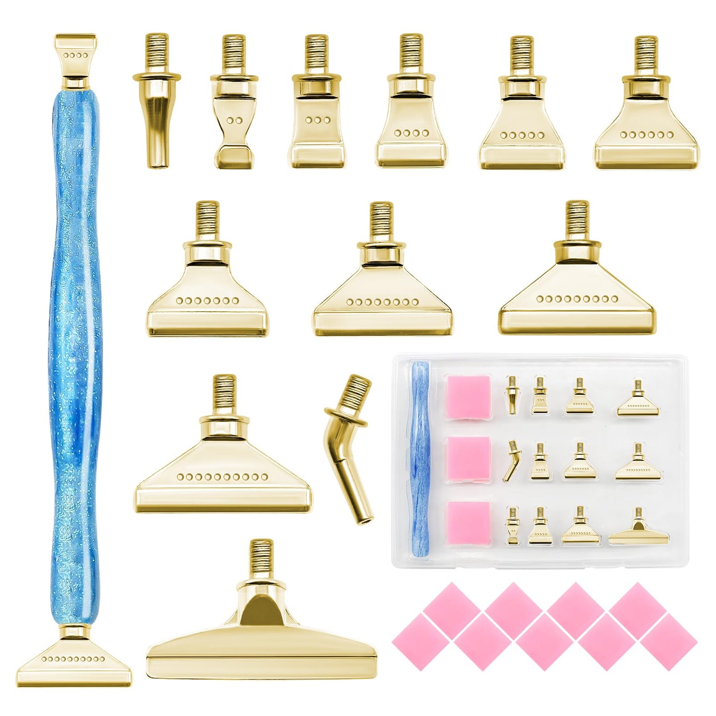22PCS DIY Diamond Art Pen Painting Tool Set - Metal Threaded Tip Accessories Gem Resin Dotting Pen Supplies Kit (Blue Pen + 12 Tips + 9 Dotting Clay)
