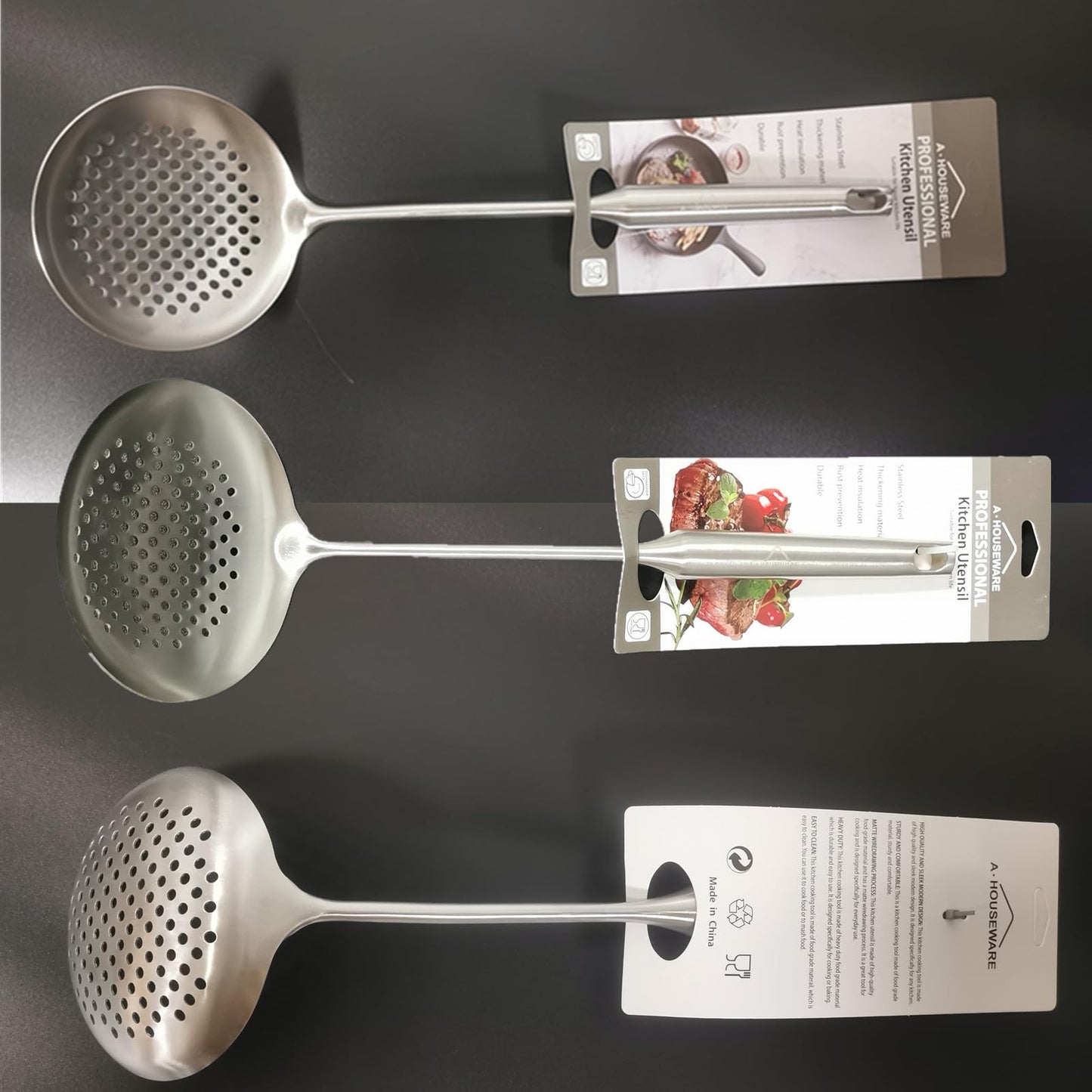 A · HOUSEWARE Skimmer Stainless Steel Large Slotted Spoon Colander Strainer Ladle for Cooking Heat Proof Hollow Handle Serving Utensil 14.96 inches