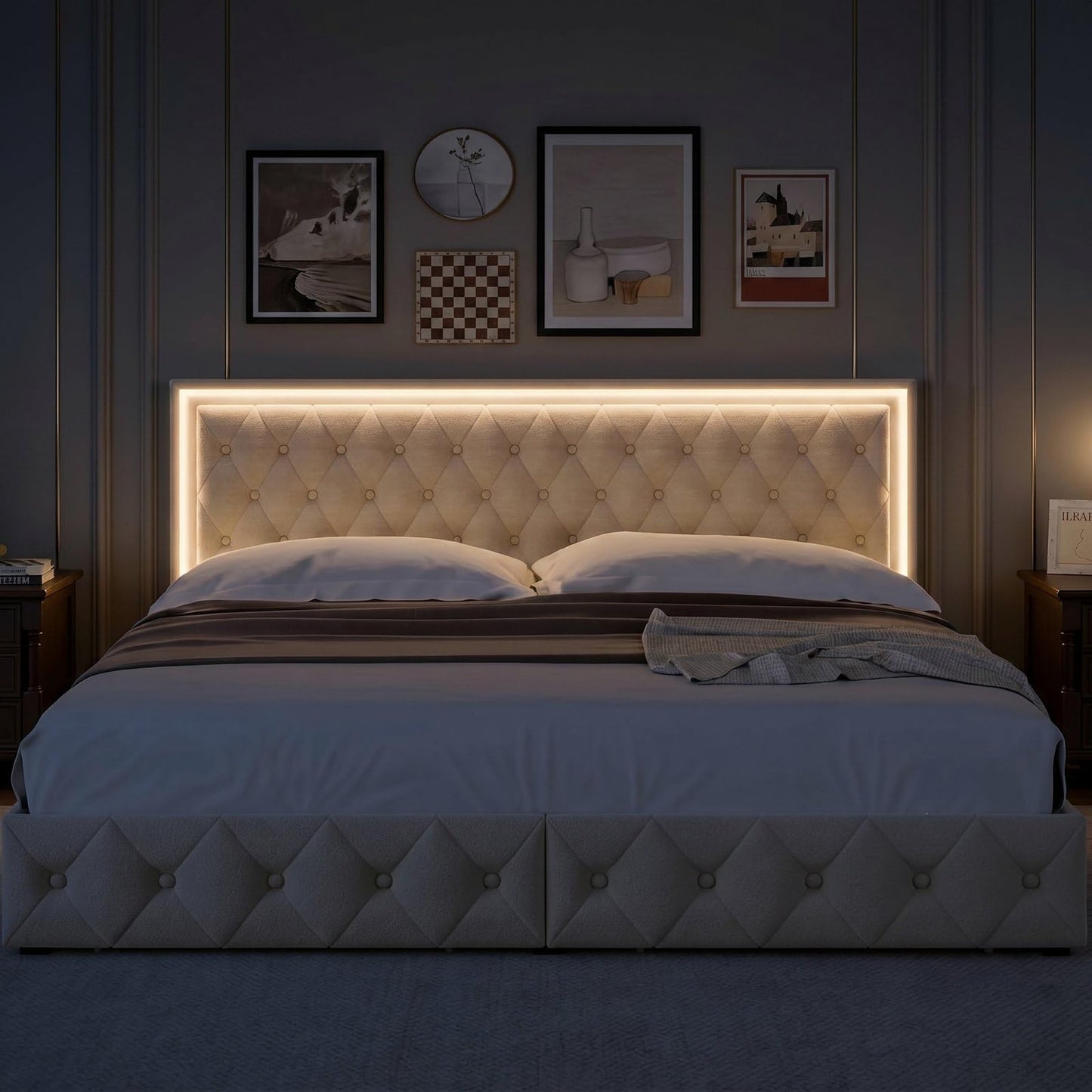 Keyluv King Upholstered LED Bed Frame with 4 Drawers, Velvet Platform Storage Bed with Adjustable Button Tufted Headboard and Solid Wooden Slats Support, No Box Spring Needed, Beige