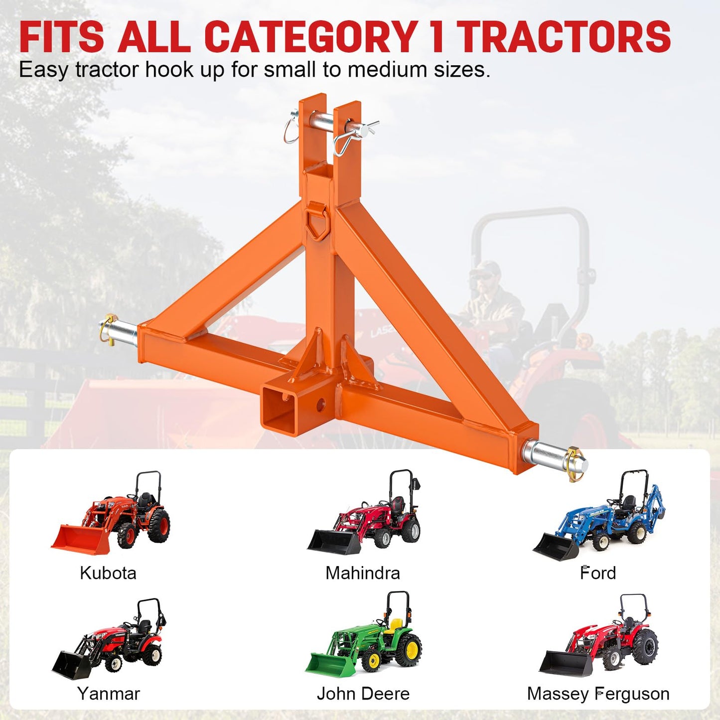 3 Point Trailer Hitch with 2" Receiver Quick Hitch Compatible with Category 1 Tractors, Heavy Duty 3pt Towing Hitch Tractor Drawbar Hitch Adapter for BX, Kubota, John Deere, NorTrac, Kioti(Orange)