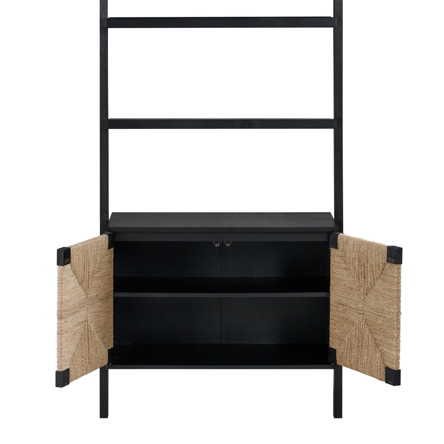 Nathan James Beacon 3-Shelf Bookcase with Seagrass Cabinet, Solid Wood Boho Bookshelf with Storage with Solid Wood Frame, Seagrass/Black, Set of 2