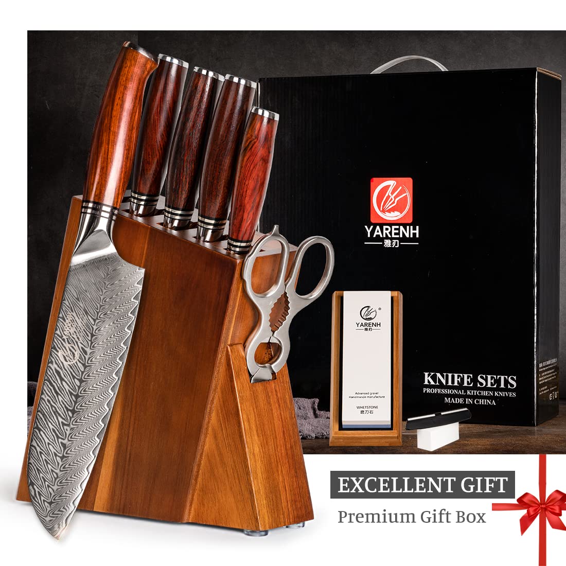 YARENH Kitchen Knife Set with Block, 8 Piece, Sharp Professional Chef Knife, 73 Layers Damascus High Carbon Stainless Steel, Full Tang Sandalwood Handle, Gift Box