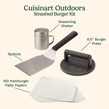 Cuisinart Smash Burger Kit, Cast Iron Press, Spatula, Seasoning Shaker and Patty Papers for Perfect Cookouts, Barbecues and Tailgates