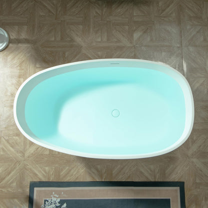 WOODBRIDGE 59" Egg-Shaped Solid Surface Freestanding Soaking Tub, Modern Oval Stone Resin Bathtub with Integrated Slotted Overflow & Drain, Matte White, EST0701