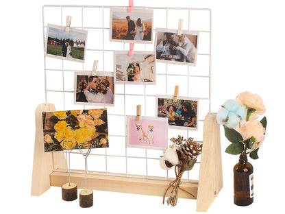 WANMEIZI 15.7”X15.7” Grid Wall Countertop Display Stand Metal Grid Wall Stand with Mini T-Base Portable Tabletop Display Unit with 20 Small Clips for Shows Retail Crafts Artistic Drawings Photos