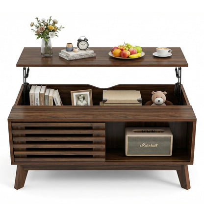 KEIKI Lift Top Coffee Table, Mid-Century Modern Tea Tables with Hidden Storage, Slatted Sliding Door Center Drink Desk w/Lifting Top, Accent Side Cafe Desks for Living Room, Easy Assembly, Walnut