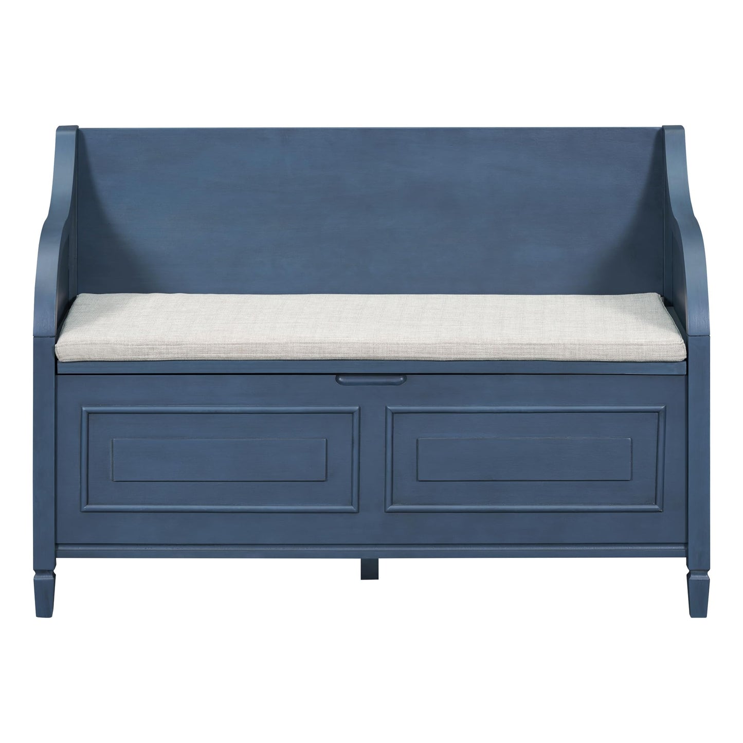 Brisca Rustic Style Storage Bench with Safety Hinge,Solid Wood Entryway Multifunctional Shoe Stool,W/Removable Upholstered Cushion,for Foyer,Bedroom,Antique Navy+Beige