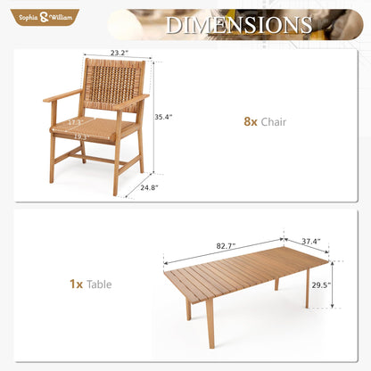 Sophia & William Outdoor Dining Set, Wooden Patio Table and Chairs Set, Rattan Furniture Set of 8 Rattan Chairs and 1 Acacia Wood Rectangular Table for Yard, Garden, Porch and Poolside