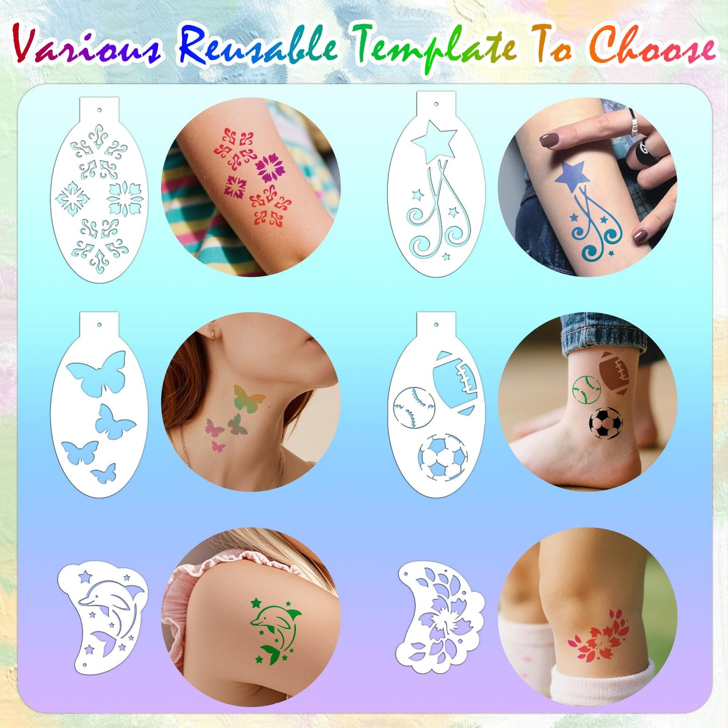 58PCS Face Paint Stencils Kit Includes 36 Reusable Facial Painting Stencils, 6 Sheets Tattoo Templates Stickers, 10 Brushes, 2 Pack Adhesive Gems, 4 Sponge for Halloween Festival Party Makeup