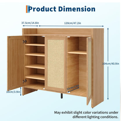 GarveeHome Rattan Shoe Storage Cabinet, Wooden Shoe Rack Organizer Cabinet with 3 Doors and Adjustable Shelves for Entryway Living Room Hallway, Dark Oak