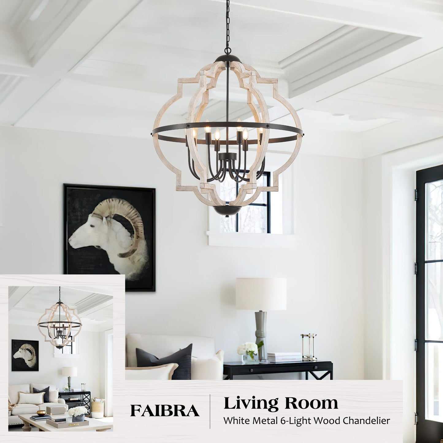 Faibra 8-Light Wood Pendant Light,31.96'' Vintage Rustic White Wood Chandeliers,Retro Industrial Hanging Light Fixtures for Dining Room Entryway, Bedroom
