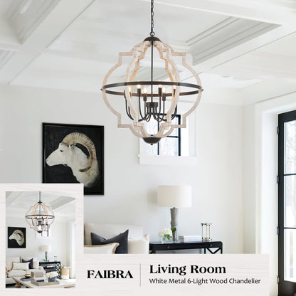 Faibra 8-Light Wood Pendant Light,31.96'' Vintage Rustic White Wood Chandeliers,Retro Industrial Hanging Light Fixtures for Dining Room Entryway, Bedroom