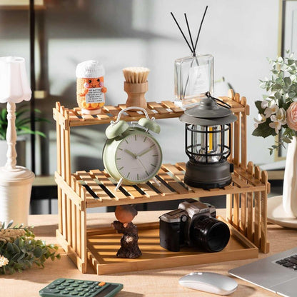 Kathfly 14.6" 2-tier Matcha Station Shelf Stand with 13" Bamboo Matcha Tea Serving Tray Coffee Station Organizer Coffee Bar Storage Rack Mug Holder Countertop for Desktop Flower Pot Cup(Bamboo Color)