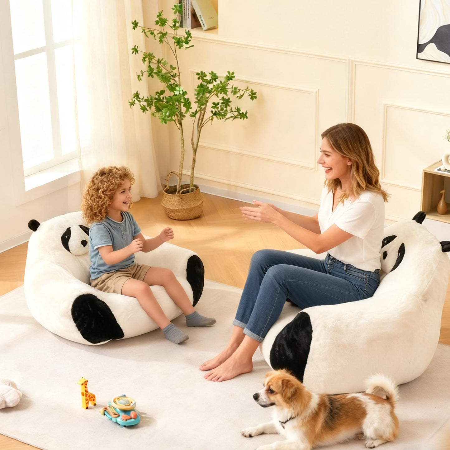 Giant Bean Bag Chair for Adults Kids, 2 PCS Large Bean Chairs with Filler, Panda Design Floor Chairs, Plush Lazy Sofa with Faux Rabbit Fur Cover, Faux Fur Cover, Adult Bean Bag Couches for Bedroom
