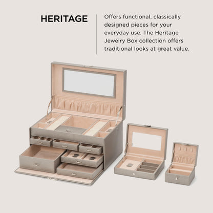 WOLF Heritage Large Jewelry Box, Pewter Saffiano - 27 Compartments + 26 Ring Rolls - Includes Two Travel Cases
