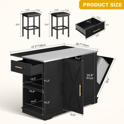 DWVO Kitchen Island with Seating and Stainless Steel Countertop, 47'' Rolling Garbage and Recycling Island with Folding Drop Leaf, Tilt-Out Trash Cabinet for 13-Gallon Bin, 2-Tire Spice Rack, Black