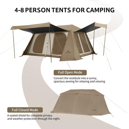 Naturehike Village Instant Tent, 4 Person 8 Person Cabin Tent with Full Rainfly, Waterproof Large Tent for Car Camping
