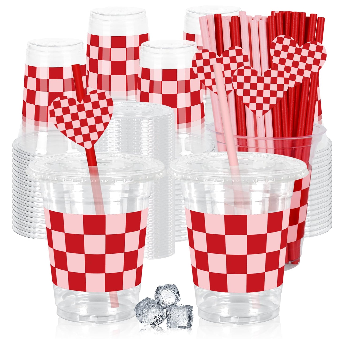 JarThenaAMCS 50Pcs Valentine's Day Plastic Cups with Lids Straws Drinking Cup 12oz Pink Red Checkered Heart Disposable Cups for Wedding Anniversary Valentine Party