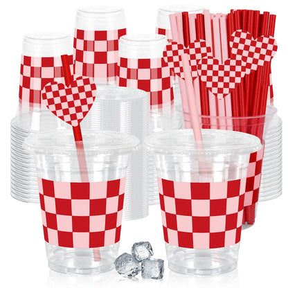 JarThenaAMCS 50Pcs Valentine's Day Plastic Cups with Lids Straws Drinking Cup 12oz Pink Red Checkered Heart Disposable Cups for Wedding Anniversary Valentine Party