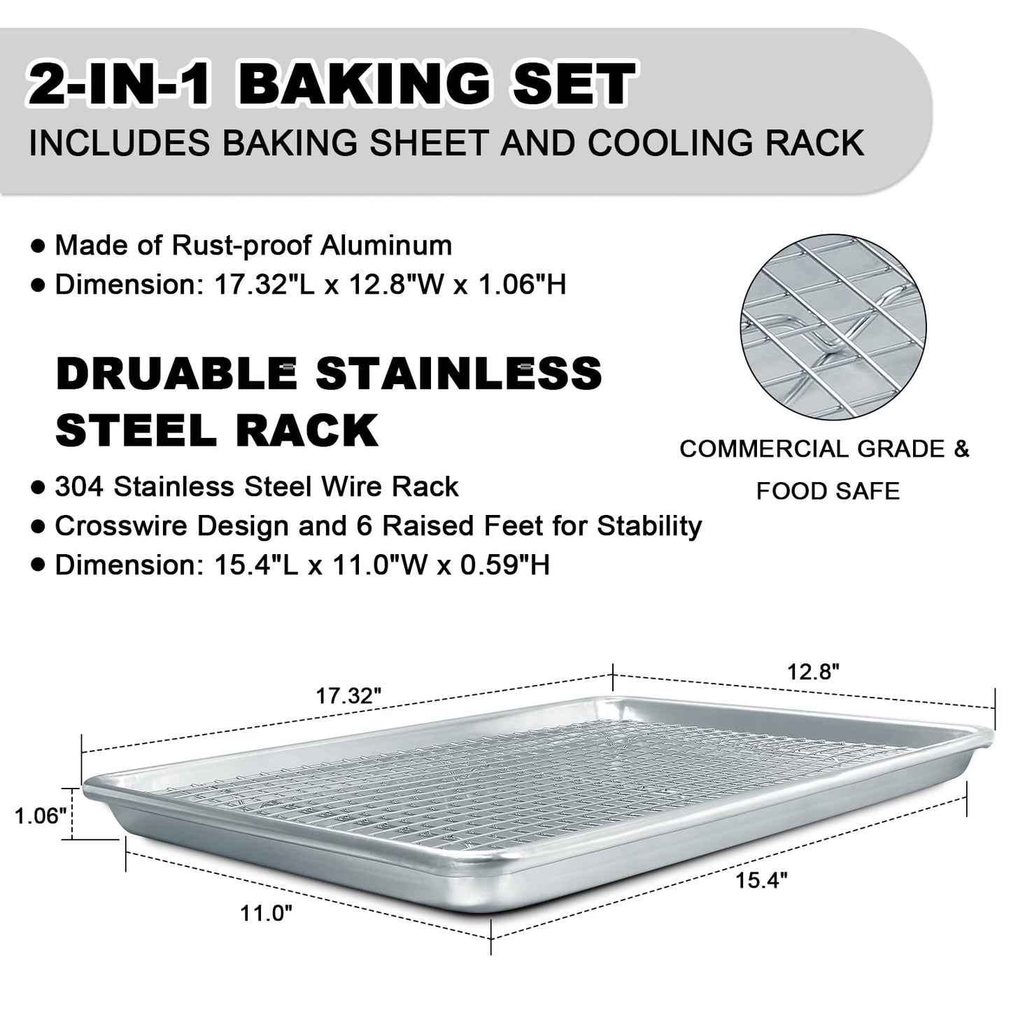 Half Sheet Pans with Rack Set, 18 Inch Commercial Quality Baking Sheet Pan Set, Natural Aluminum Cookie Sheet, Warp Resistant Nonstick Thick Cookie Tray Pans for Baking, Roasting