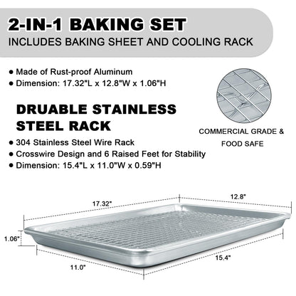 Half Sheet Pans with Rack Set, 18 Inch Commercial Quality Baking Sheet Pan Set, Natural Aluminum Cookie Sheet, Warp Resistant Nonstick Thick Cookie Tray Pans for Baking, Roasting