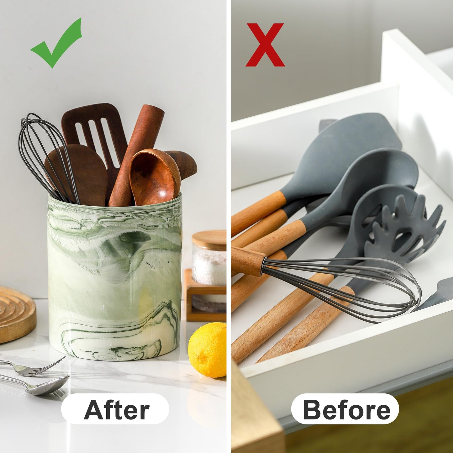 Howise 7.2 inch Large Utensil Holder for Kitchen Counter, Marble Utensil Crock Spatula Holder for Countertop Cooking Tools Storage Caddy Farmhouse Kitchen Decor (Marble-Green)