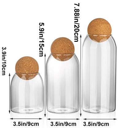 Wisifayardin Glass Storage Jars with Ball Cork Lids - 3 Pcs Set, Decorative Round Glass Canisters, Wood Ball Lids, Sizes: 500ML/17Oz, 800ML/27Oz, 1000ML/34Oz