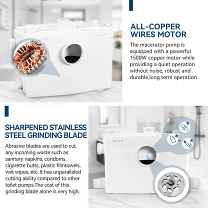 1500W Macerator Pump with Grinding Blade Toilet Pump Utility Sink Pump Upflush to 32.8FT 2800GPH Macerating Toilet System with 5 Water Inlets 1 Outlets for Toilet Sink Shower Laundry Kitchen Basement