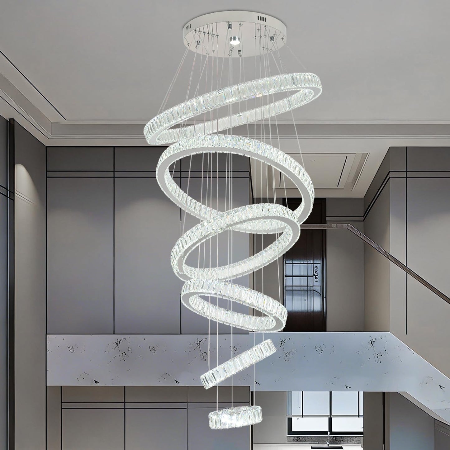 Finktonglan 6-Ring Crystal LED Chandelier, Cool White 6000K Modern Pendant Light, Adjustable Height up to 118", K9 Stainless Rings (Ø7.9–27.6"), Non-Dimmable for Foyer Stair Living Room