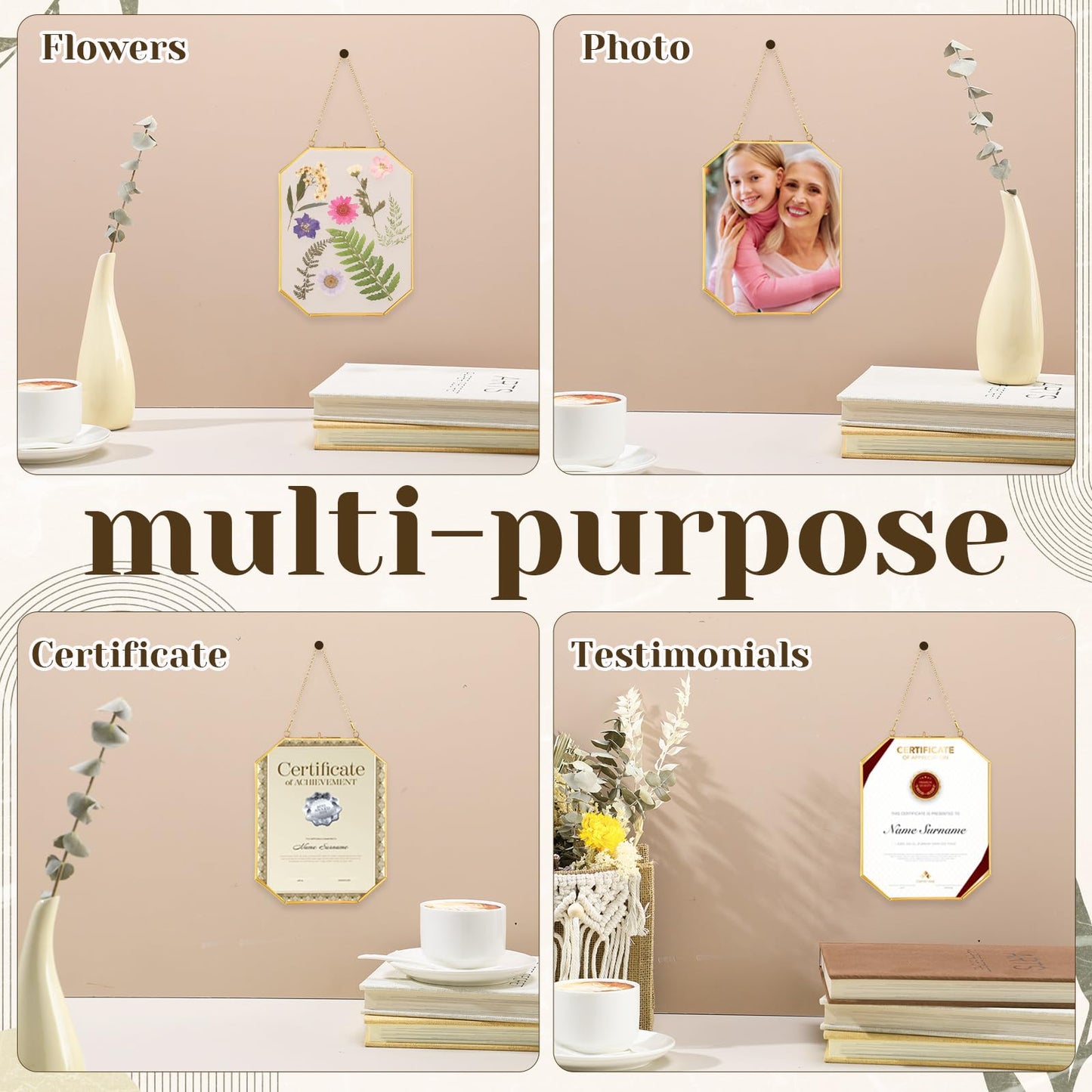 Vicenpal 5 Pcs 8 x 10 Inches Glass Pressed Flower Frame, Hanging Floating Picture Frame for Tabletop Artwork Dried Flower Display with Metal Chain for Mom Friends Wedding Gift DIY Craft(Coppery)