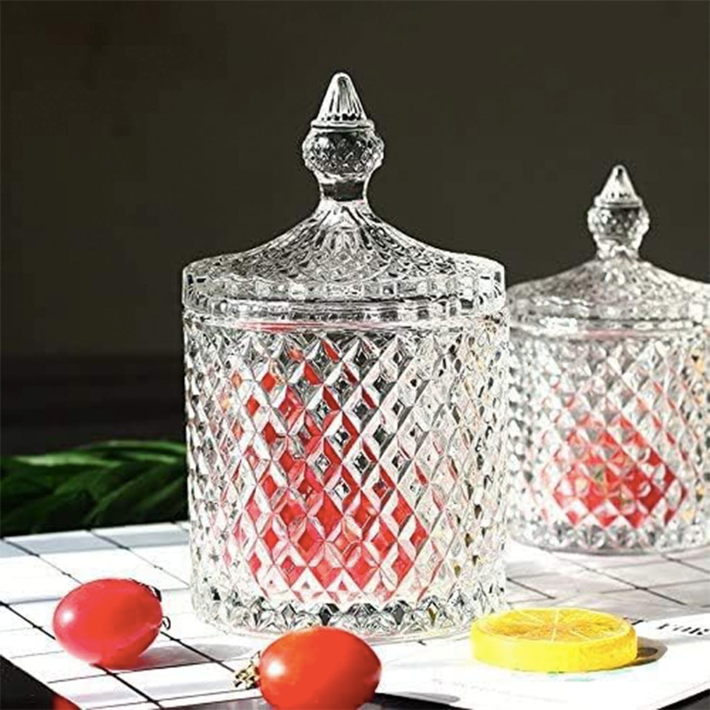 LUCKTE Rainie Love Home Basic Food Storage Organization Set-Crystal Diamond Faceted Jar with Crystal Lid,Suitable as A Candy Dish,Cookie Tin,Biscuit Barrel,Decorative Candy Jar (Transparent, 16 oz)
