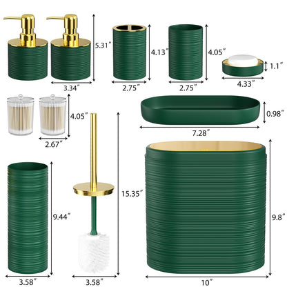 InnJoey Bathroom Set, 10PC Bathroom Accessory Set, Green Bathroom Accessories, Green and Gold Bathroom Set with Trash Can, Soap Dispensers