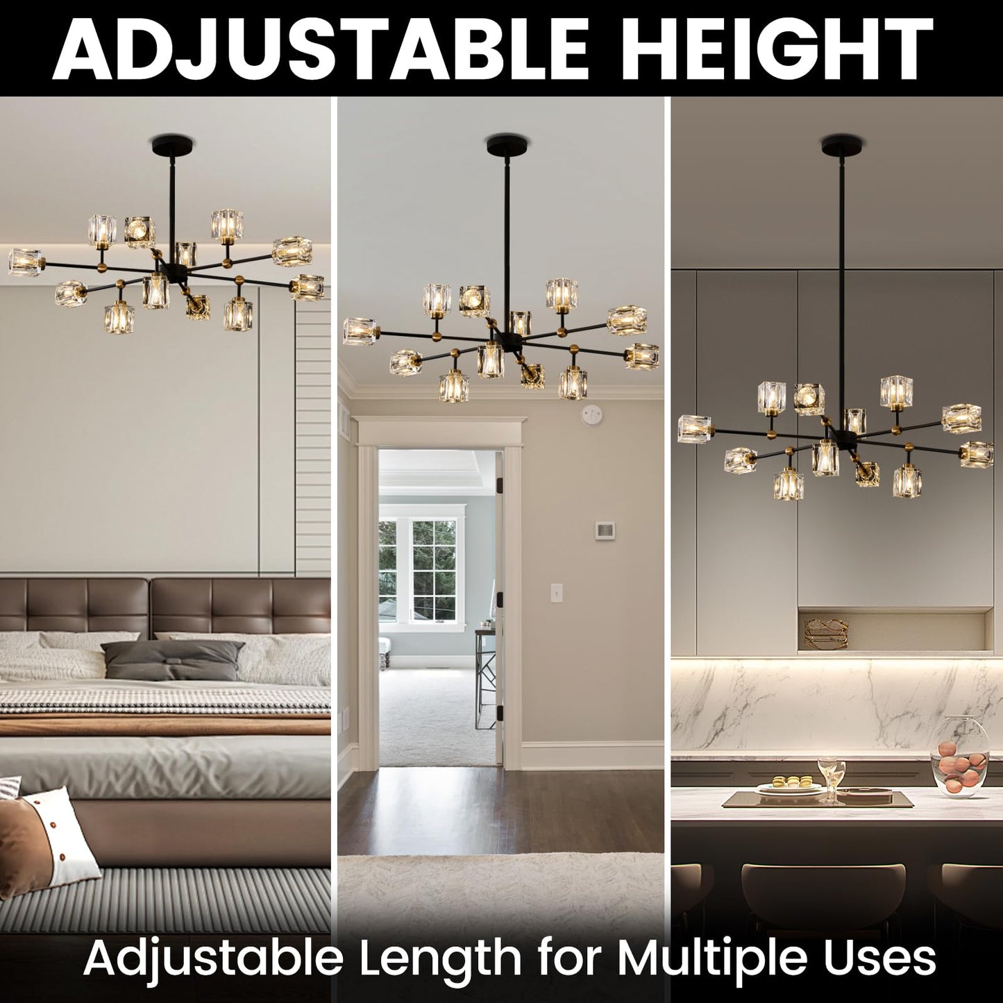 LIXDRASK 12-Light Black Crystal Chandelier Modern Sputnik Chandeliers for Dining Room Adjustable Height Sputnik Ceiling Light Fixture for Living Room Kitchen Island Bedroom
