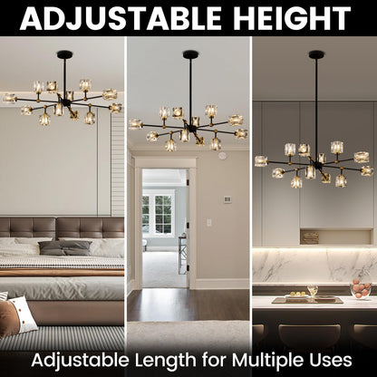 LIXDRASK 12-Light Black Crystal Chandelier Modern Sputnik Chandeliers for Dining Room Adjustable Height Sputnik Ceiling Light Fixture for Living Room Kitchen Island Bedroom