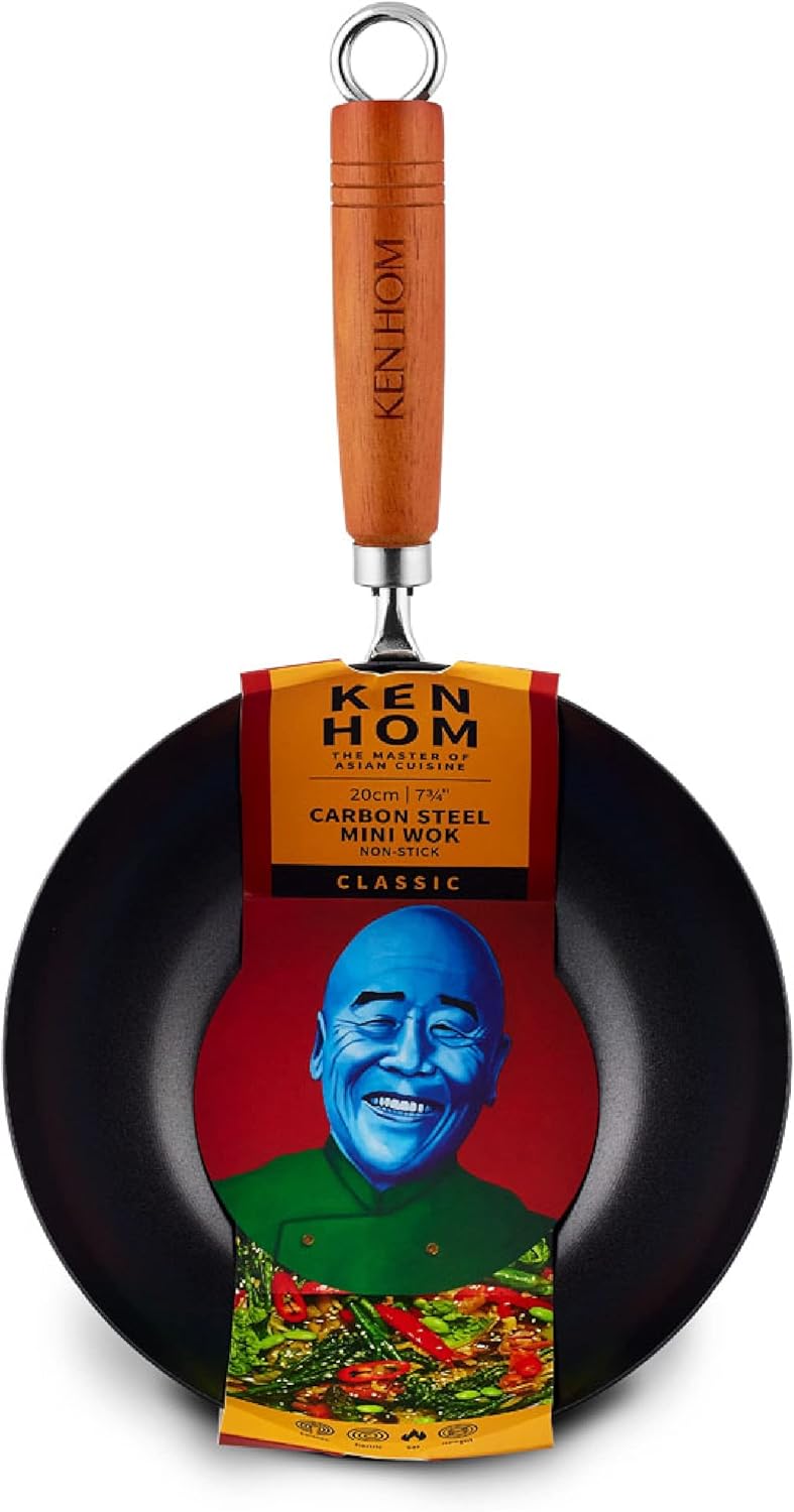 Ken Hom Classic 8-Inch Non-Stick Carbon Steel Mini Wok, Lightweight Stir Fry Pan, Hand Wash Only