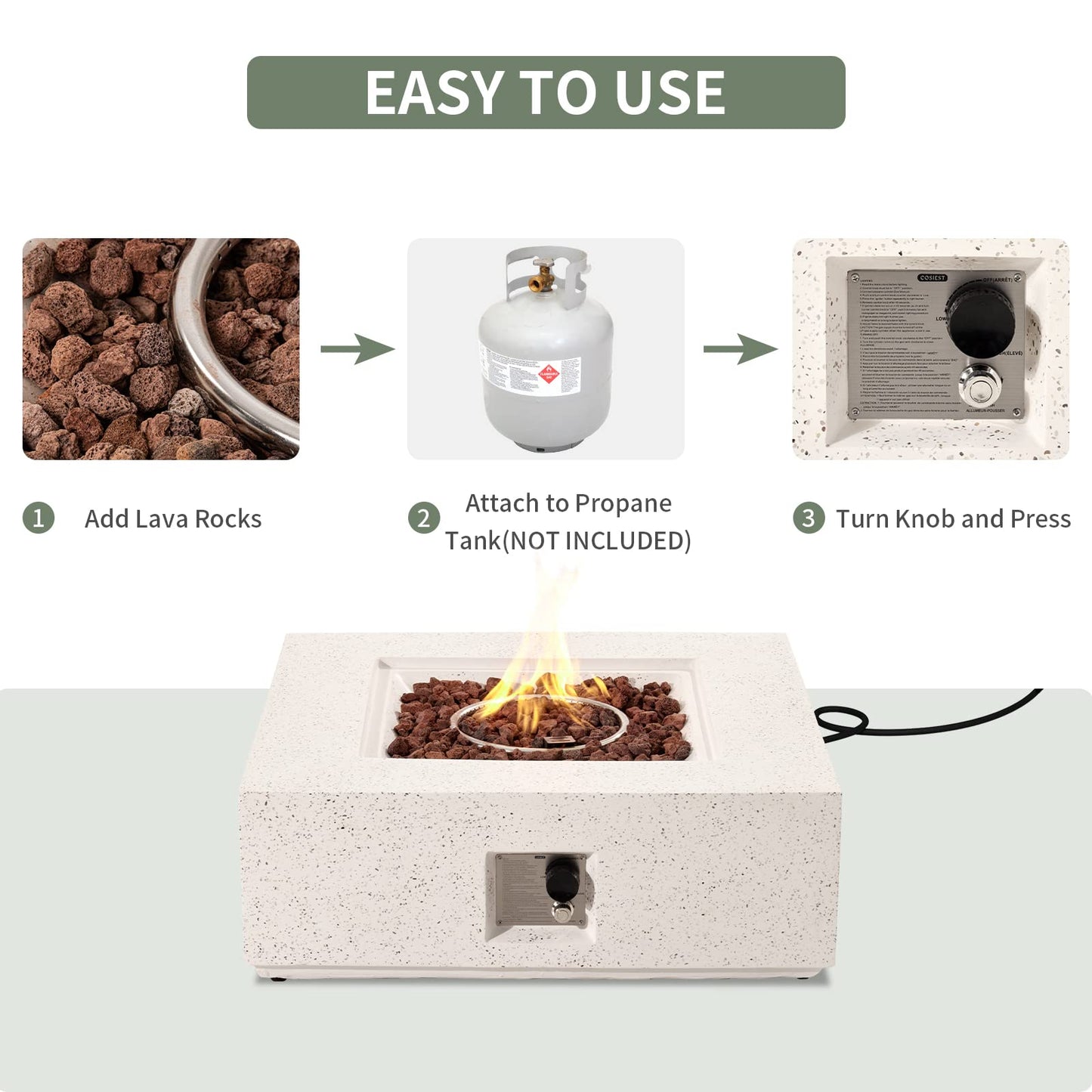 COSIEST Outdoor Propane Fire Pit Coffee Table w Square Faux Stone 35-inch Base, 50,000 BTU Stainless Steel Burner, Free Lava Rocks and Rain Cover