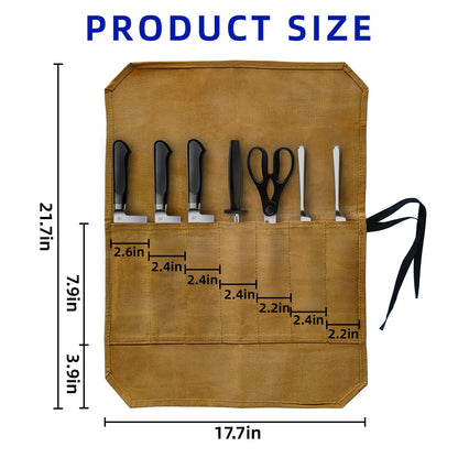 GIWOSK Knife Roll Bag, Waxed Canvas Chef's Knife Roll Bag with 7 Slots, Portable Knives Pouch Knife Storage Case Knife Carrier for Home Camping Picnic Chefs Cooking Lovers, Khaki(Bag Only)