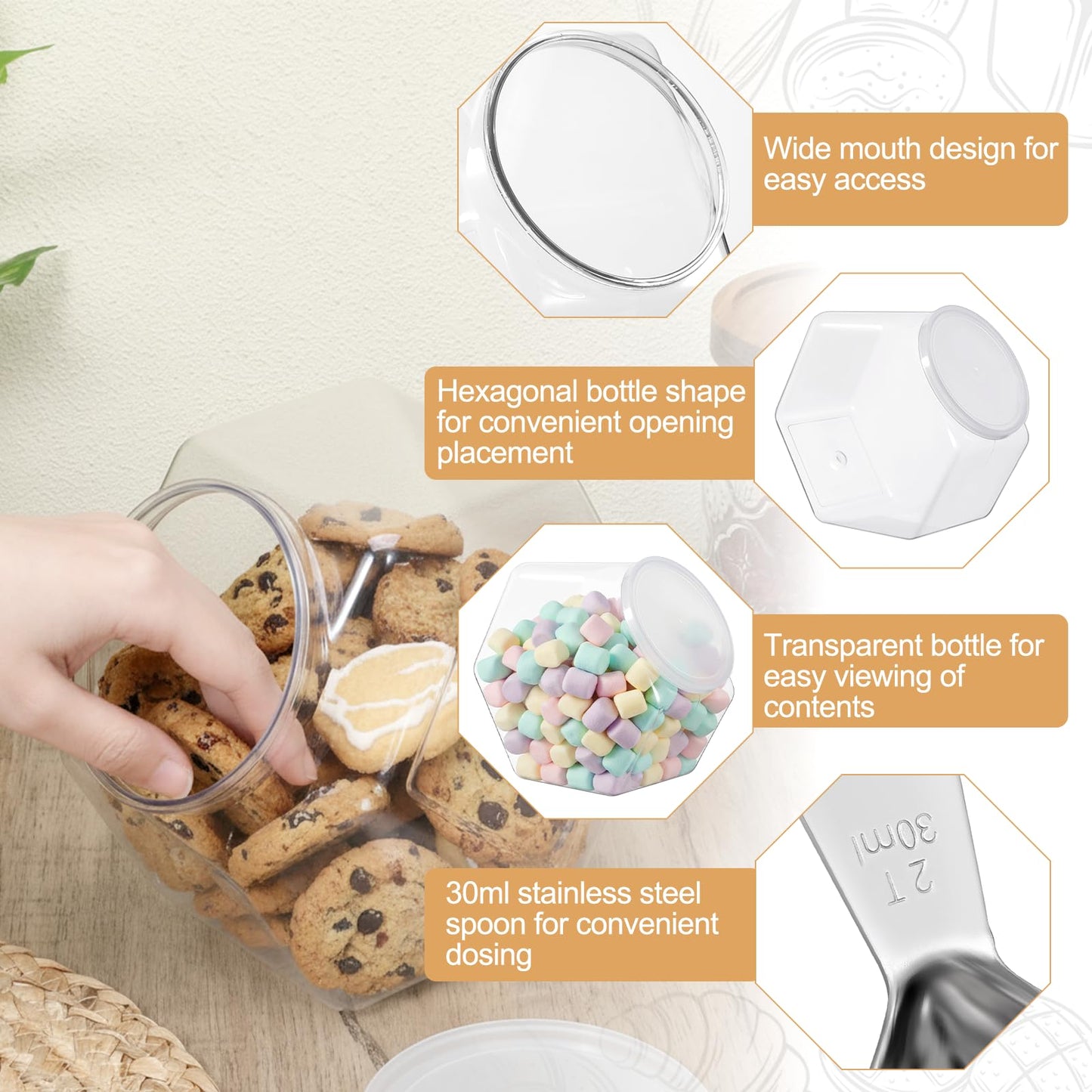 Exclaith 3 Pcs Plastic Candy Jars, 72oz Clear Cookie Jar with Lid, with 3 30ML Stainless Steel Kitchen Scoops, Hexagon Clear Candy Container Cookie Jars for Kitchen Counter Decorative