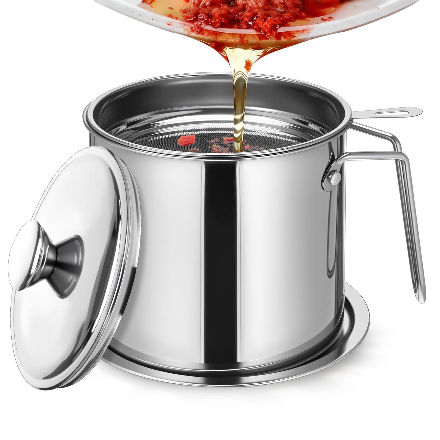 1.8L / 61 oz Bacon Grease Container with Strainer, 304 Stainless Steel Grease Container, Oil Filter with Fine Mesh Strainer and Dust-Proof Lid for Storing Frying Oil
