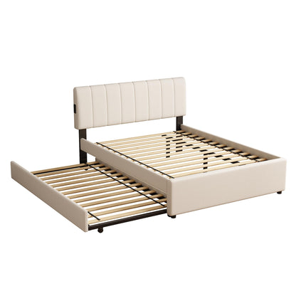 FAVSH Full Size Upholstered Platform Bed with Trundle and 1 Sets of USB, Chenille Fabric Solid Wood Bedframe w/Wood Slats & LED Lights with APP for Bedroom,Beige