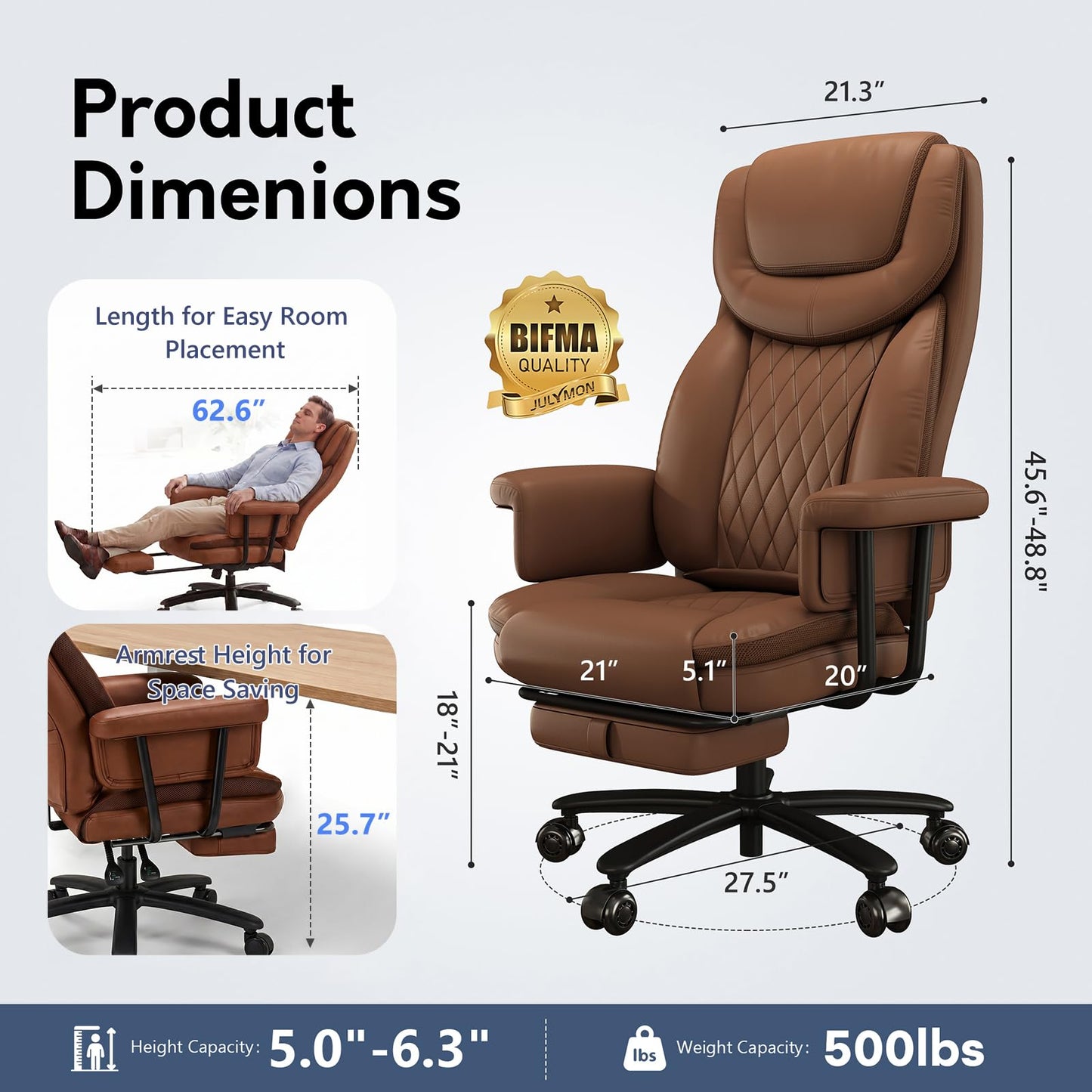 JULYMON Executive Office Chair Big and Tall 500LBS, 165° Reclining Heavy Duty Office Chair with Footrest & Quiet Rubber Wheels, Height Adjustable, Soft Strong Padded Arms, Brown