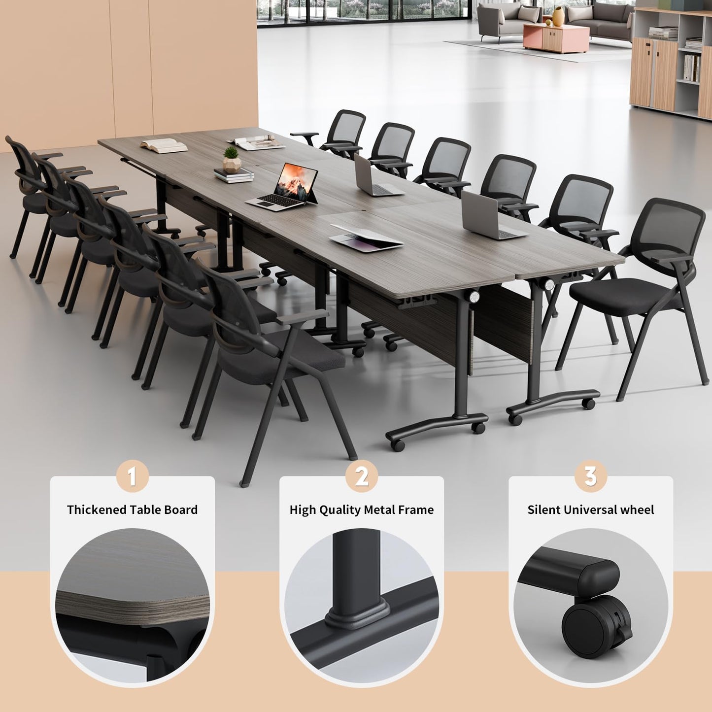 JNMDLAKO Folding Conference Room Table for 6-12 Person, Modular Mobile Large Flip-Top Training Table with Locking Wheels, Modern Rectangular Seminar Meeting Tables for Office (6, Elm, 47.2in)