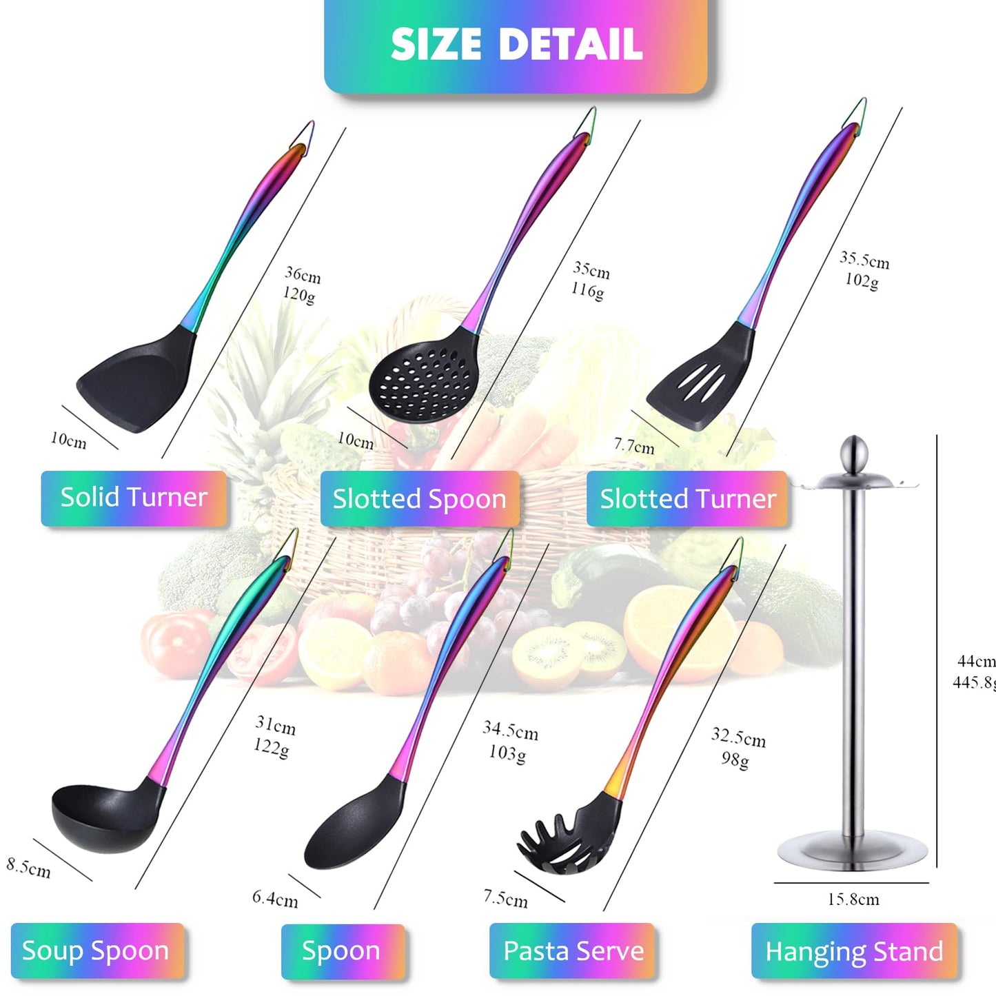 Silicone Cooking Utensils Set, 17pcs Kitchen Utensil Set with Rotatable Holder, Heat-Resistant Silicone Utensils for Cooking, Non-Stick Spatula Set with Stainless Steel Handle,Turner,Ladle (Rainbow)