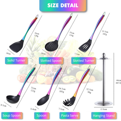 Silicone Cooking Utensils Set, 17pcs Kitchen Utensil Set with Rotatable Holder, Heat-Resistant Silicone Utensils for Cooking, Non-Stick Spatula Set with Stainless Steel Handle,Turner,Ladle (Rainbow)