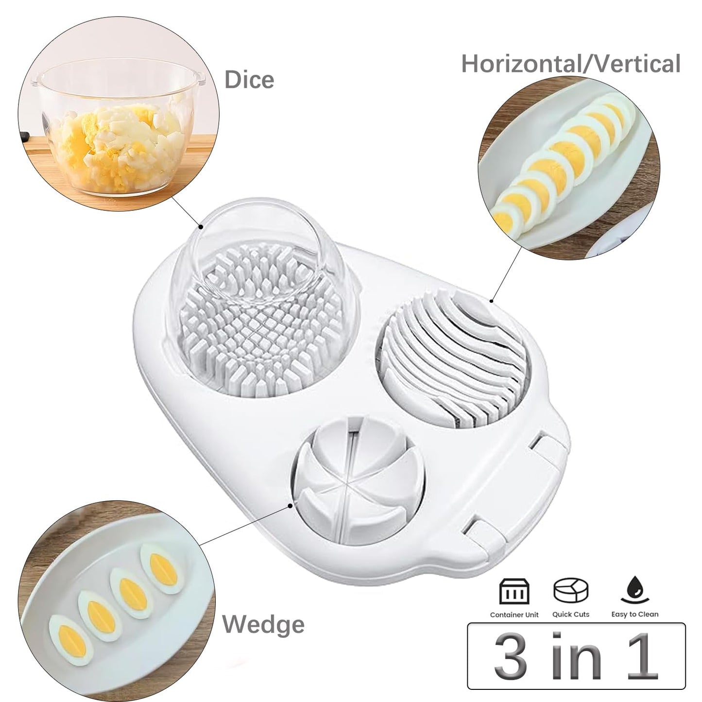 3 In 1 Egg Slicer for Hard Boiled Eggs,3 Slice Modes Egg Cutter,Stainless Steel Dicer for Strawberry Mushroom Grape Cherry, Multifunctional Food Cutter Slicer for Home Kitchen Chopper Gadgets (White)