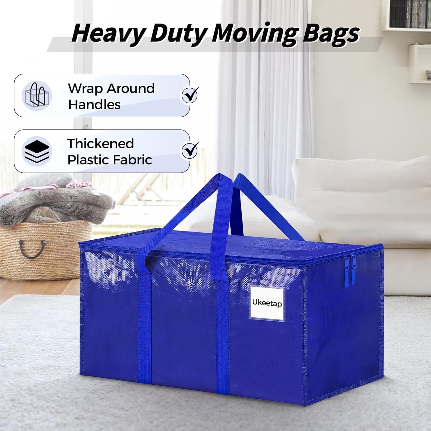Skiennix Extra Large Heavy-Duty Moving Bags - 8 Pack Blue Storage Totes with Reinforced Handles & Zippers