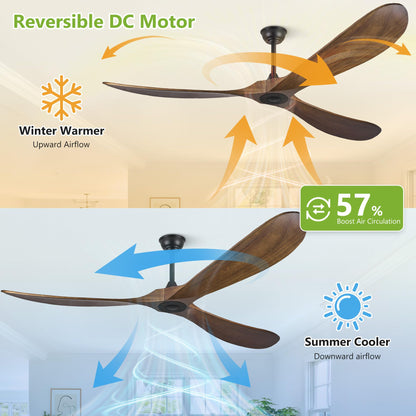 72 Inch Ceiling Fans without Lights, Wood Large Ceiling Fan no Light and Remote Control, Modern Indoor Outdoor Ceiling Fan no Light 3 Blade Propeller for Patios Farmhouse Garage High cfm, Dark Walnut