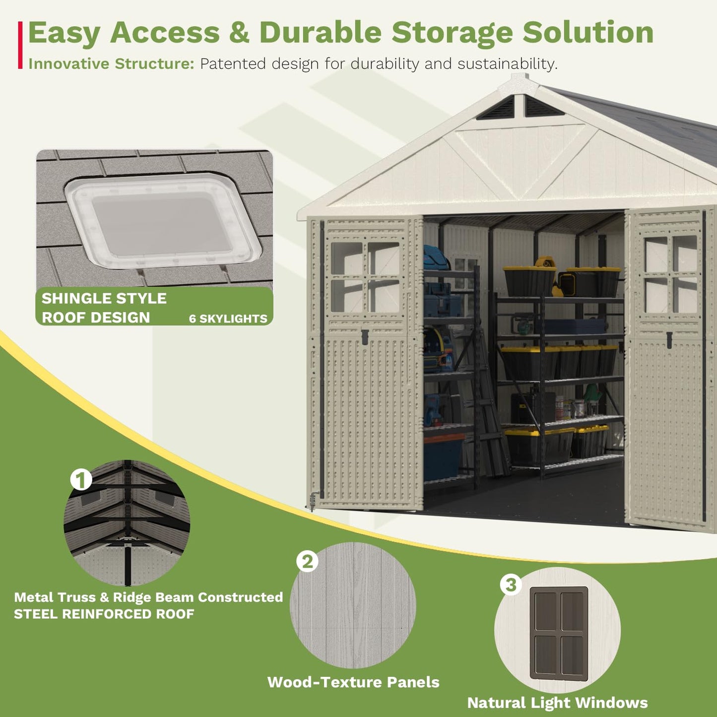 Patiowell 10x12 FT Outdoor Storage Shed with Floor and Lockable Door, All Weather Plastic Shed Garden Shed with Skylight and Multiple Windows for Backyard, Patio, Lawn, Beige