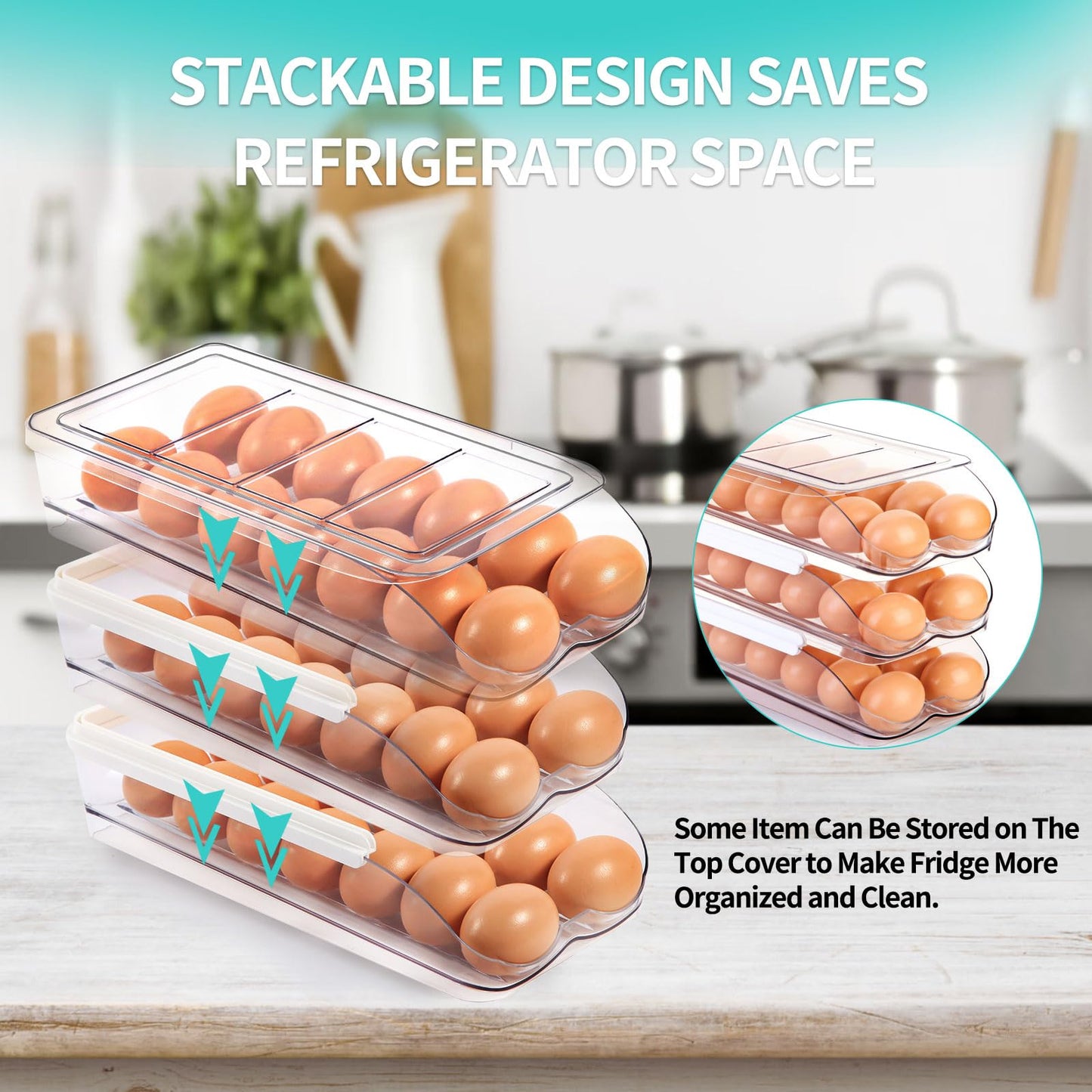 RoskDeewat Egg Holder for Fridge, Automatic Rolling Egg Container for Refrigerator, Stackable Fridge Organizers and Storage with Lid, Clear Plastic Egg Dispenser & Tray (2 Tier)
